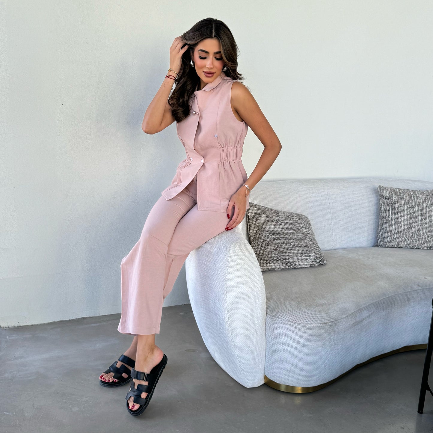 Pink suit with pearls